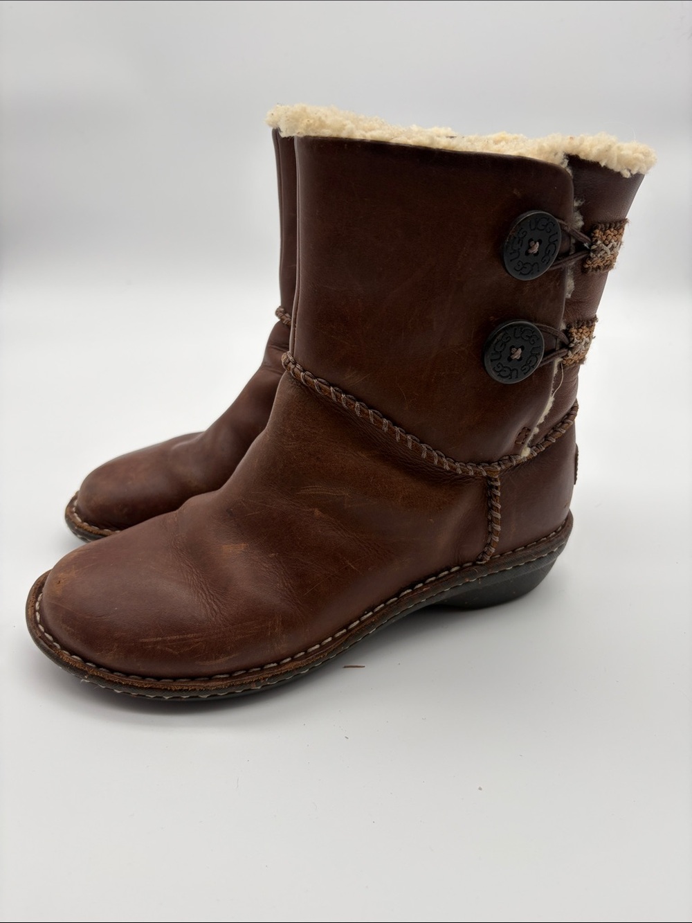 UGG Brown Leather Lillie 3336 Shearling-Trim Button Ankle Boots